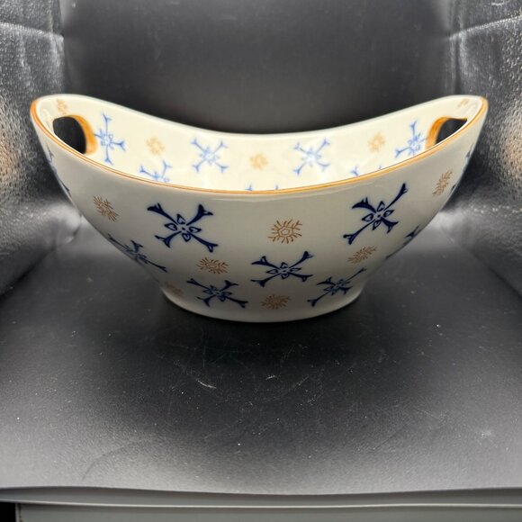 Temp-Tations Oval Ceramic Serving Bowl Handles Blue Gold Atomic Floral Pattern - Picture 4 of 10